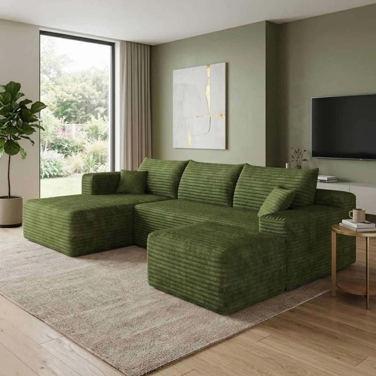 103" Cloud Sectional Sofa with Ottoman, Modern U-Shaped Modular Couch with Reversible Chaise Lounge, Plush Corduroy Upholstered Deep Seat Sofa for Living Room, Apartment, No Assembly Required
