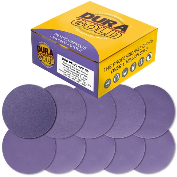 Dura-Gold Premium 6" Purple Film Ceramic Sanding Discs, 50 Disc Variety Pack, Grits 60, 80, 120, 180, 220, 320, 400, 600, 800, 1000 - Hook & Loop Sandpaper, DA & Random Orbital Sander, Auto Paint