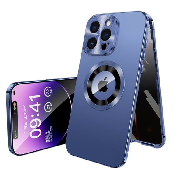 TECH CIRCLE for iPhone 15 Pro Max Hard PC Case Magnetic Metal Edge Full Body Drop Protection,Compatible with MagSafe,Rugged Built-in Privacy Screen Protector Logo View Shockproof Cover,Darkblue