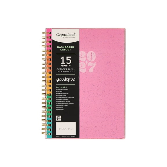 Organized by Happy Planner Monthly Weekly Medium Planner (5.45″ x 8.26″) Good Days Glitter 15-Month October 2026-December 2027, Metal Twin Loop Binding