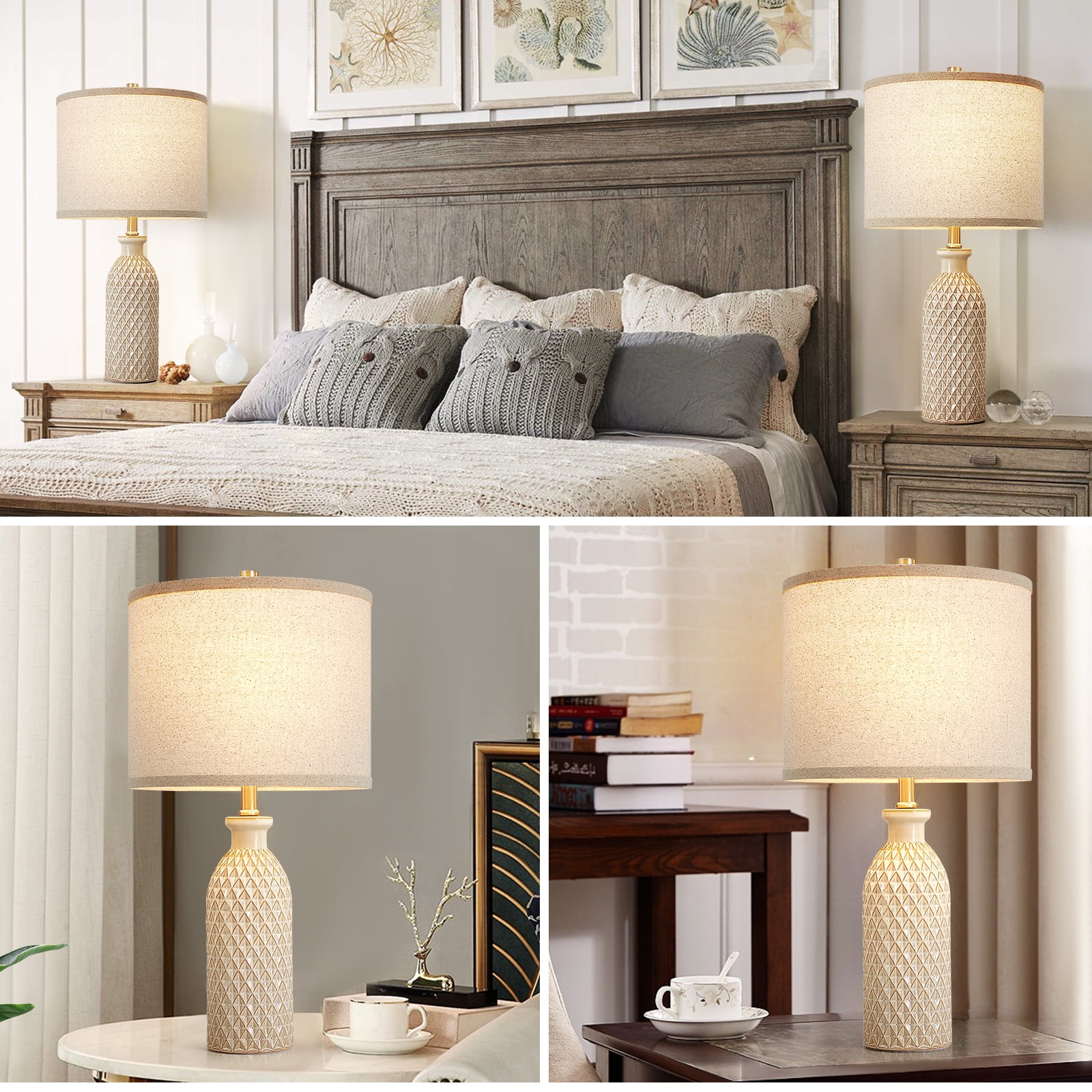 NATYSWAN Ceramic Table Lamps Set of 2, 24.8" Bedside Lamps with 3-Color Temperature, Modern Nightstand Lamp Desk Reading Lamp with Fabric Drum Shade for Bedroom, Living Room, Office, 2 Bulbs Included