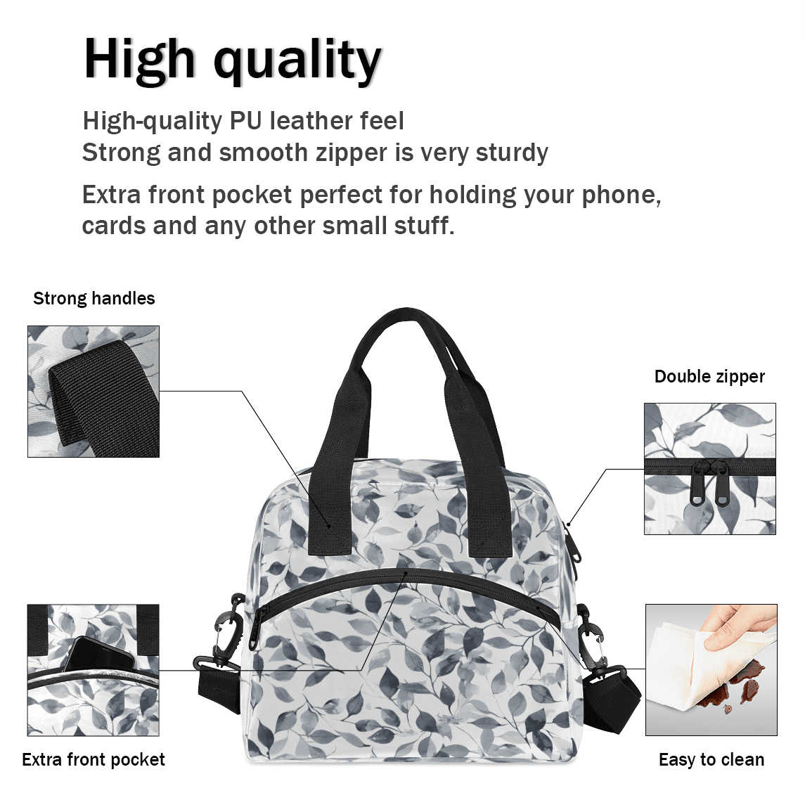 Herdesigns Gray and White Insulated Lunch Bag for Women Men Adults Large Reusable Lunch Box Leaves Leakproof Cooler Tote Bags with Adjustable Shoulder Strap
