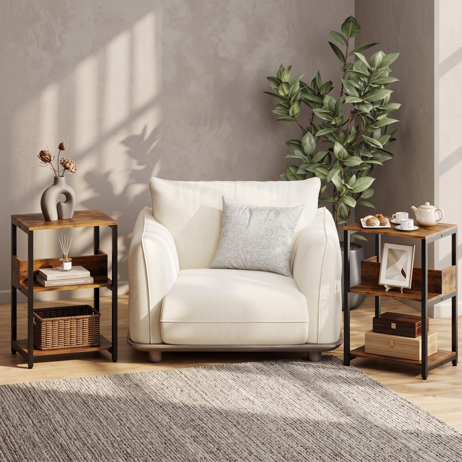 Furnibear Side End Table with Charging Station, 3-Tier Nightstand with 2 AC Outlets, USB & Type-C Ports, Open Shelves Sofa Side Table for Living Room, Rustic Brown