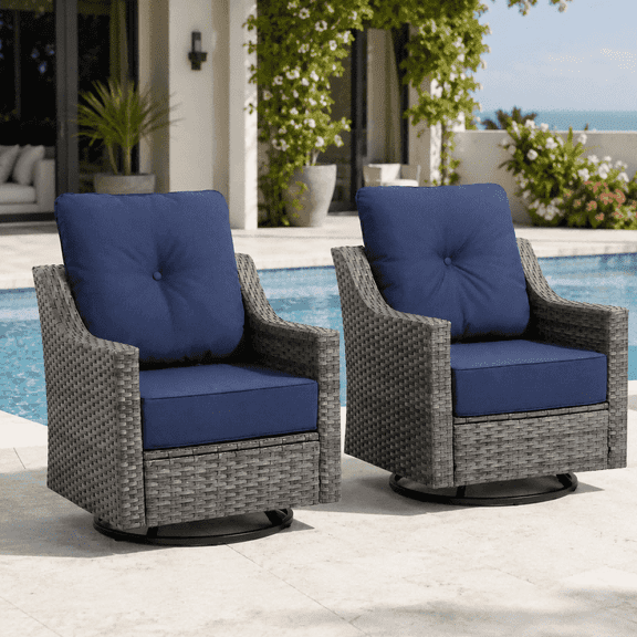 BelvaraHome 2-Piece PE Wicker Swivel Rocker Patio Chair Set with 6-inch Olefin Cushions, Gray/Blue