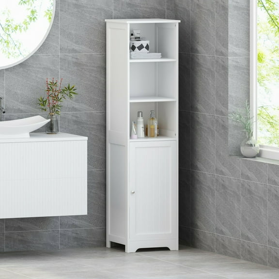 SgoodS Bakari Contemporary Free Standing Linen Tower Storage Bathroom Cabinet,Matte White