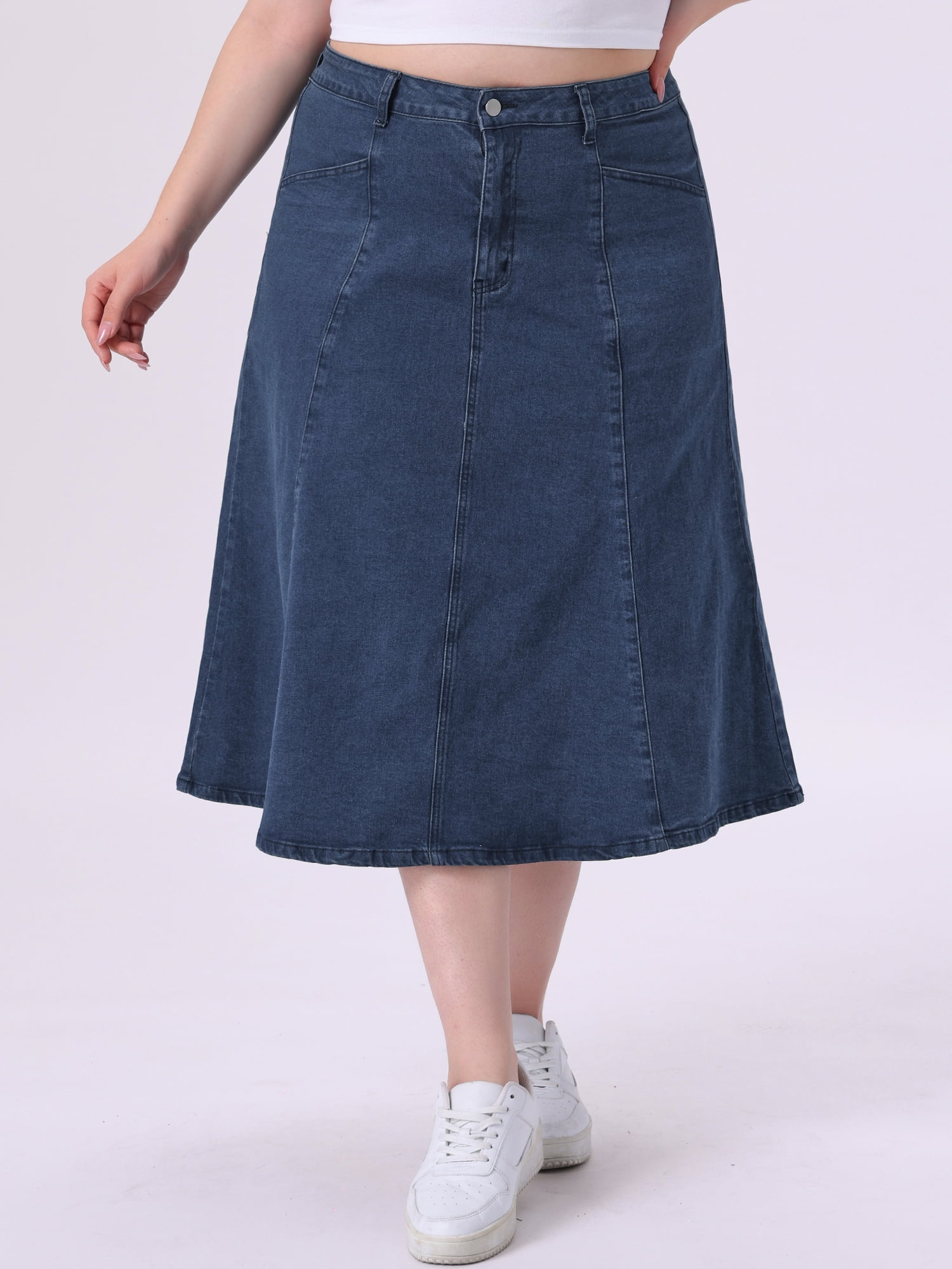 DARING DIVA Women's Plus Denim Skirts with Pockets A-Line Midi Jean Skirt 2X Blue