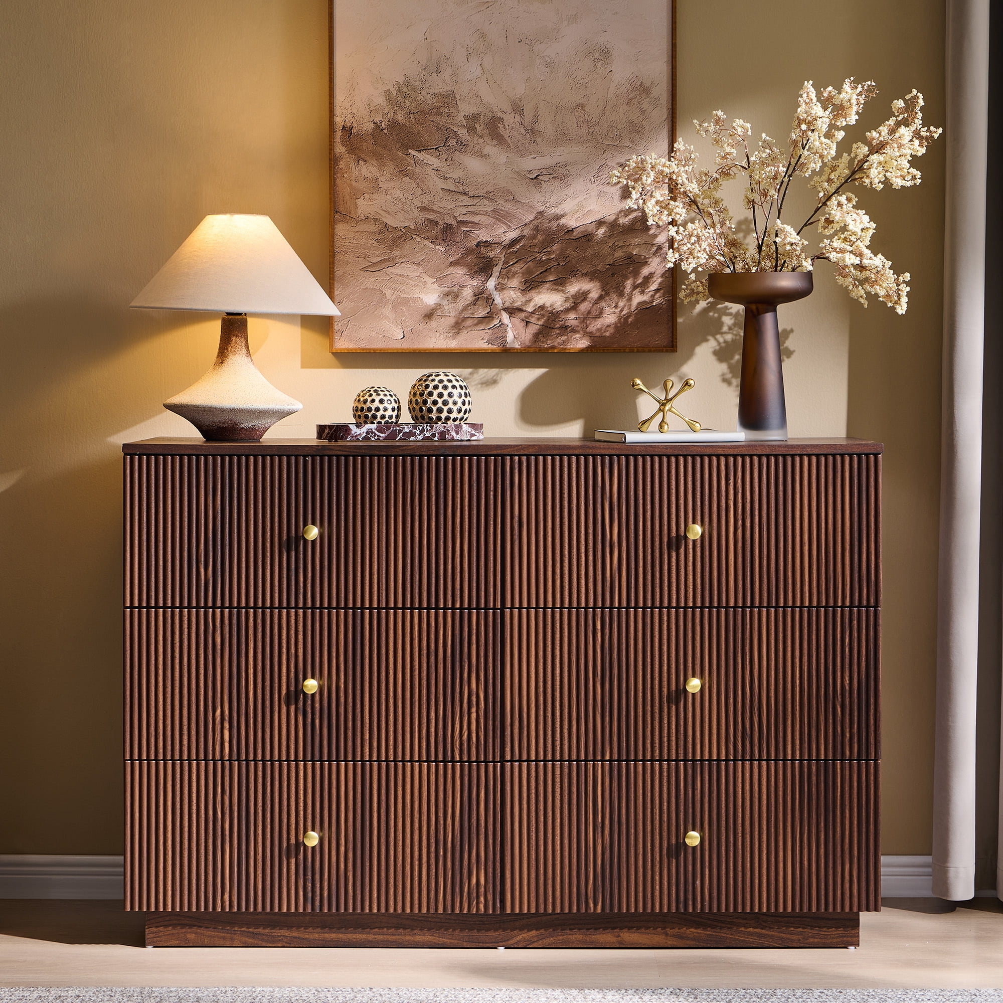 wow97e Fluted 6 Drawers Dresser, Wood 47" Tall Chest of Drawers with Deep Storage, Modern Bedroom Chest for Closet Hallway, Entryway, Living Room