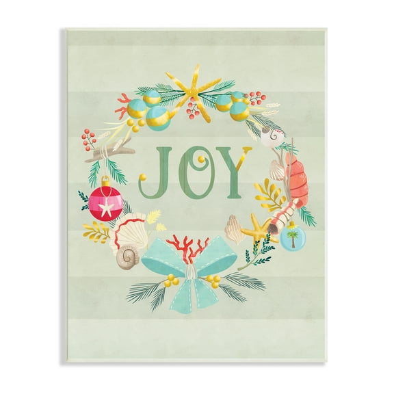 Stupell Industries Nautical Holiday Wreathe Joy Sentiment Green Stripes Nature Painting Unframed Art Print Wall Art, 10 x 15