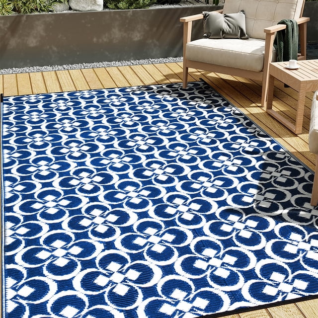 Outdoor Rugs 6'x9' on Sale Clearance Plastic Straw Patio Rugs Geometric Reversible Waterproof Lightweight Carpets for RV Camping Deck Balcony Beach Picnic Porch, Blue White