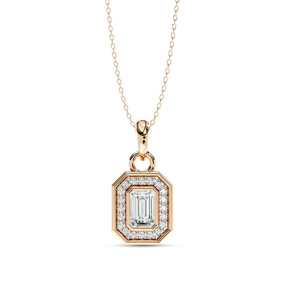 IGI Certified Lab Grown Diamond Halo Pendant Necklace for Women | Center 6.5x4.5mm Emerald Cut Diamond Necklace with 18 Inch Chain 14K Solid Rose Gold F-G, VS-SI Quality (0.90 Cttw)