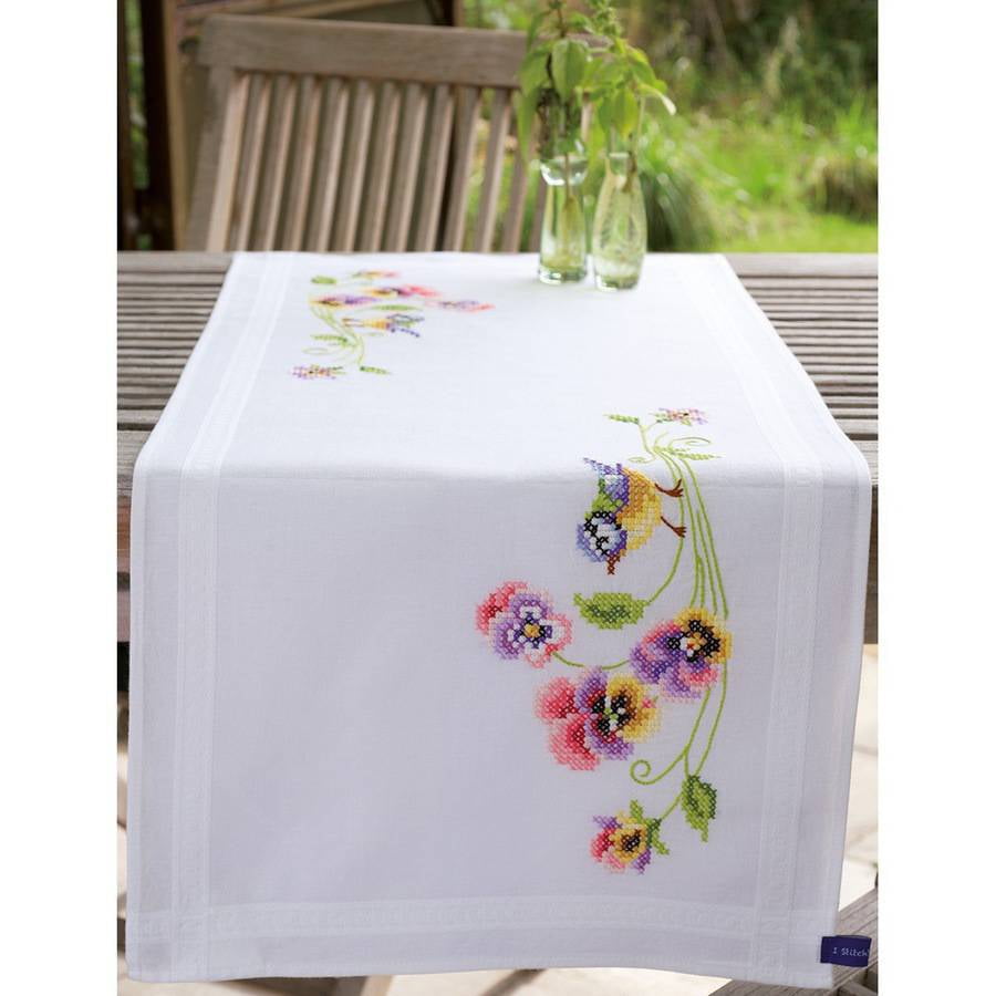 Vervaco Little Birds And Pansies Table Runner Stamped Embroidery Kit