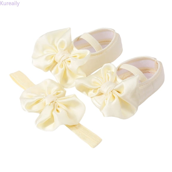 Kureaily Baby Shoes With Hair Band Soft Soled Toddler Shoes Versatile Dress Flower Shoes Toddler Shoes/ Size 4.5,9-12 Months(Beige)
