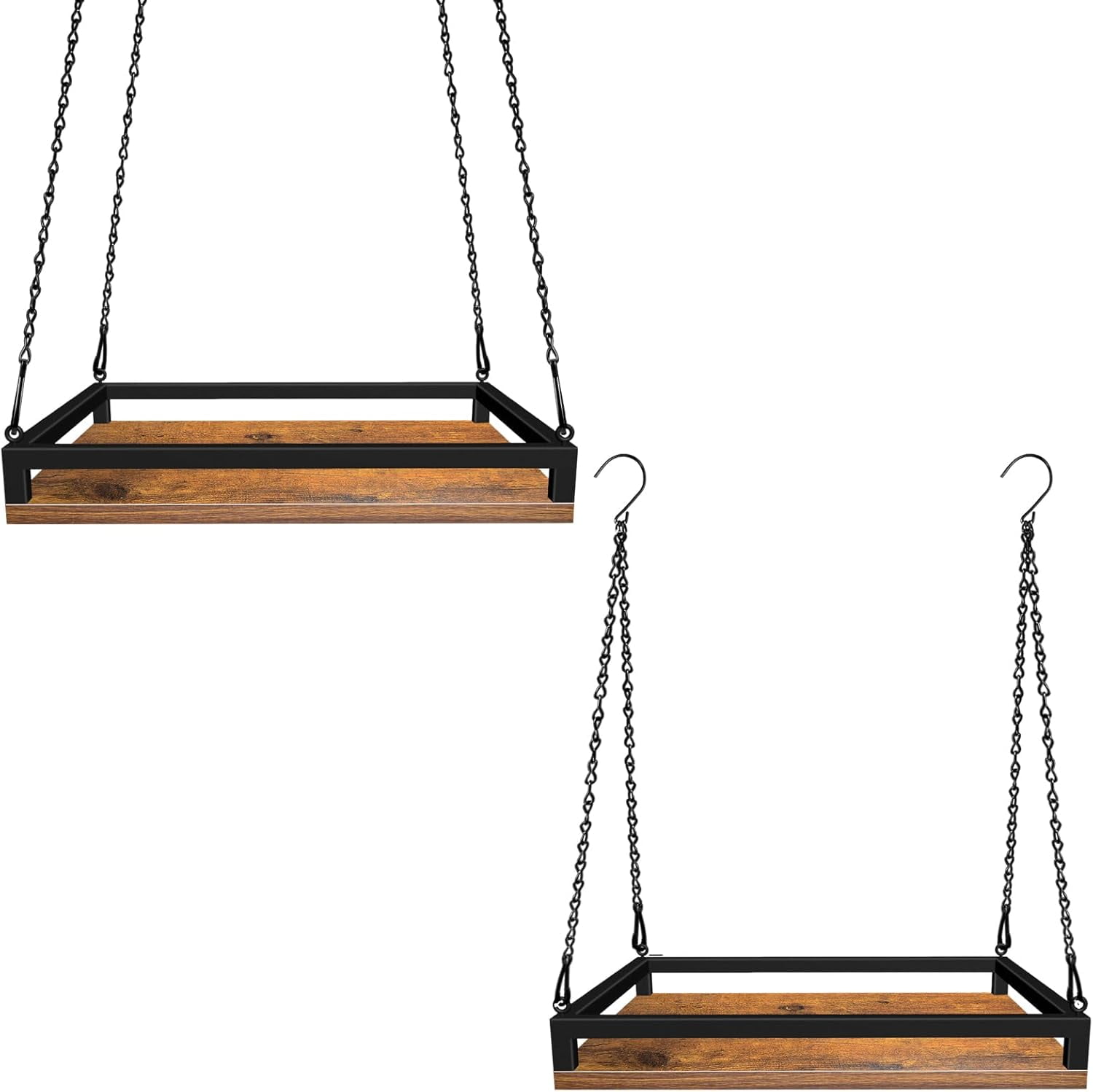 Plant Hanger Indoor, 11.8" Wooden Hanging Plant Holder with Metal Frame Hanging Planter for Indoor Plants Load 50LB Hanging Plant Shelf with 27.6" Long Chain, Ideal for Heavier Pots Ceiling（2 pack）