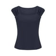 thumbnail image 5 of Scyoekwg Cap Sleeve Tops for Women Summer U Neck Pleated Shoulder Solid Color Shirts Tshirt Casual Comfy Slim Tops Blouses (Navy,L), 5 of 7