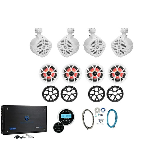 4) Rockville 6.5" Tower 4) LED Marine Speakers 8-Ch. Amp Bluetooth Boat Receiver