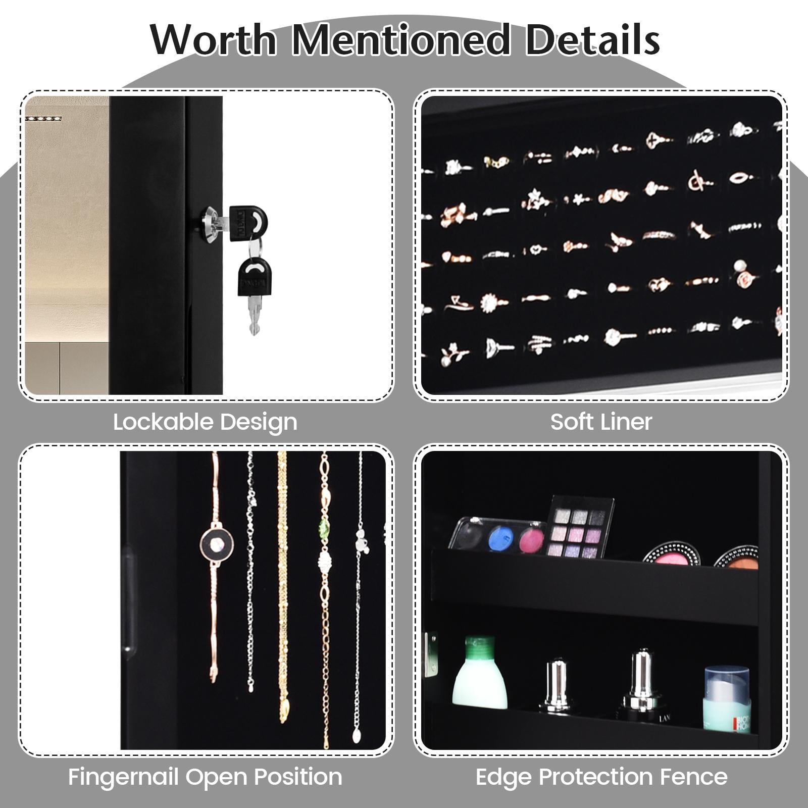 Giantex LED Jewelry Cabinet Wall Door Mounted, Lockable Jewelry Armoire w/Full Length Mirror, Cosmetics Tray, Brush Holders, Build-in Makeup Mirror for Women Girls (Black)