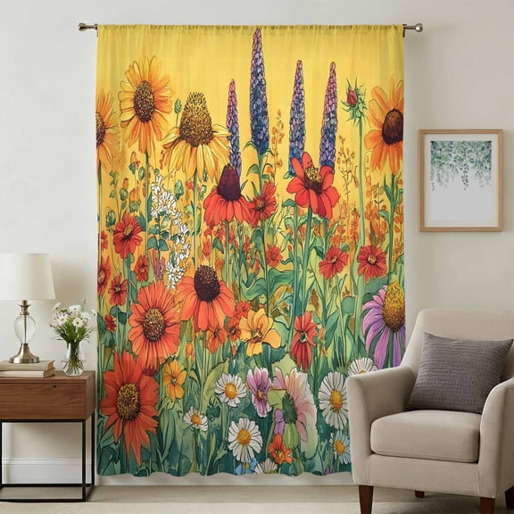Vintage Sunflowers Botanical Sheer Curtains 84 Inches Long, Colorful Floral Daisy Light Filering Curtains, Breathable Simi Curtain Privacy Drapes for Living Room Bedroom Lightweight Window Treatment