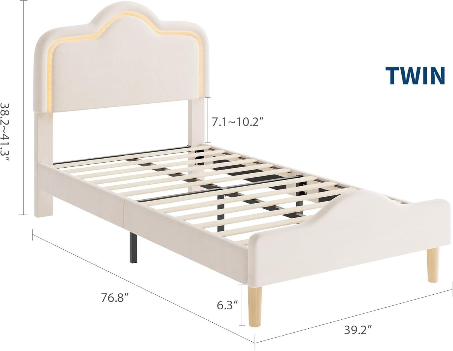 Twin Size Upholstered LED Bed Frame with Adjustable Headboard and Footboard, Velvet Princess Platform Bedframe /, Wooden Slats Support, No Box Spring Needed, Easy Assembly, Beige