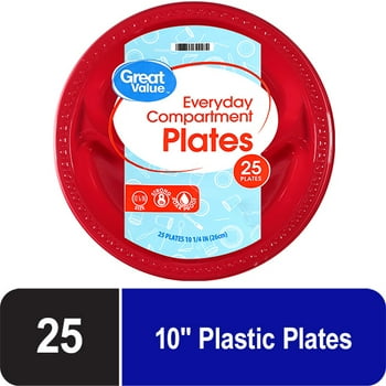Great Value Everyday Disposable Plastic Compartment Plate, Red, 10.25", 25 count