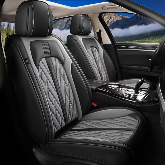 IKABEVEM Car 2 Seat Covers Fit for Chevrolet Silverado 2019-2026 Chevy Silverado Front Set Faux Leather Cushion,Black&Grey