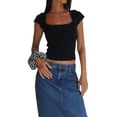 thumbnail image 3 of Women Summer Y2k Ribbed Crop Tops Short Sleeve Square Neck Lace Trim Bow Front T-shirt 90s Streetwear, 3 of 5