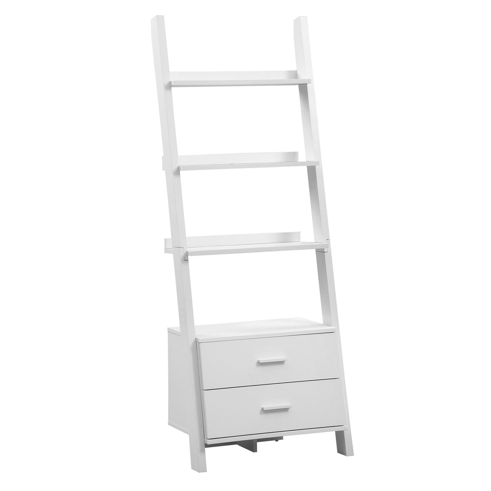 69" White Particle Board Ladder Bookcase with Two Storage Drawers