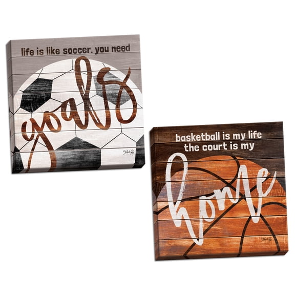 Gango Home Decor Contemporary Soccer Goals & Basketball Home; Two 12x12in Hand-Stretched Canvases