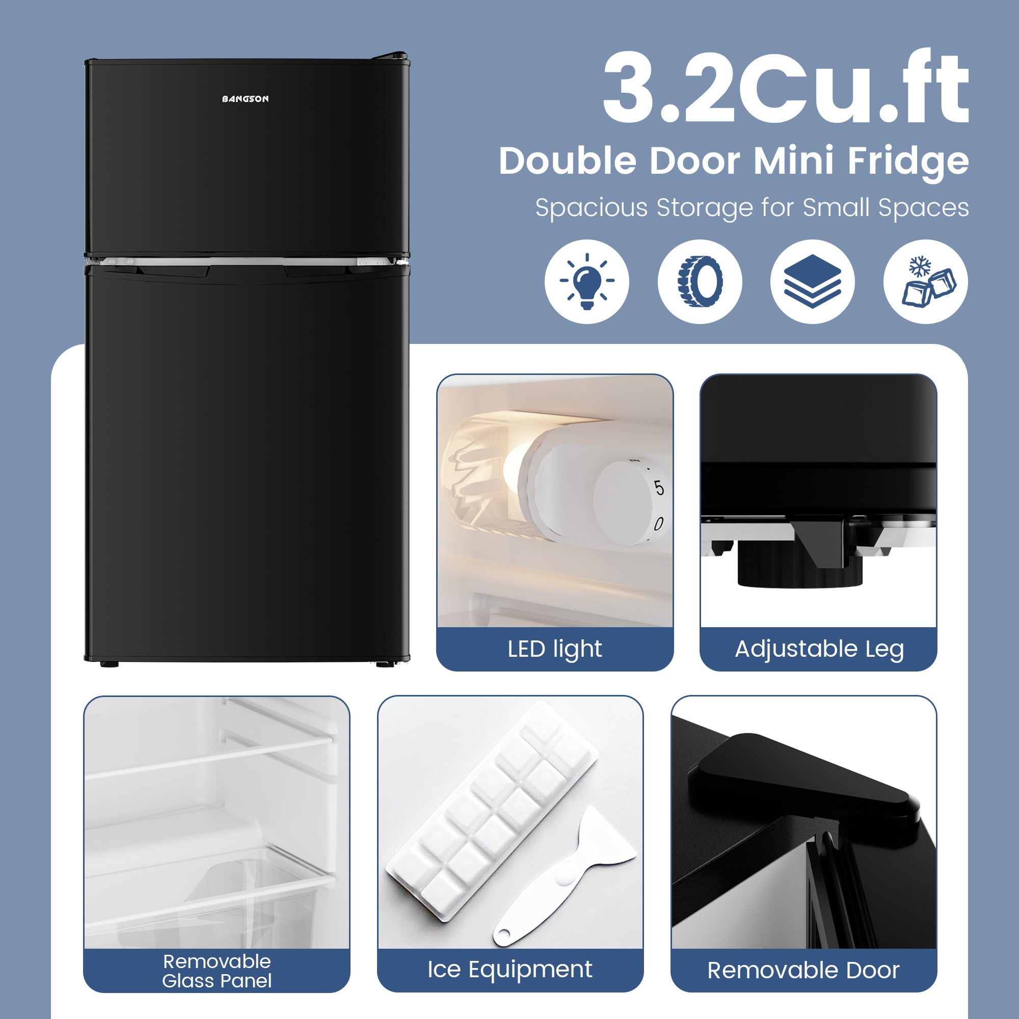 BANGSON 3.2 Cu.Ft Small Refrigerator with Freezer, 2-Door Mini Fridge for Dorm, Apartment, Garage & Office , Energy Efficient, Low Noise Operation ,Black
