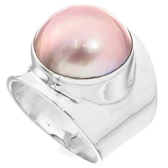 Wide Pacific-Ocean Pink Mabe Cultured Pearl 925 Sterling Silver Ring, 13/16"