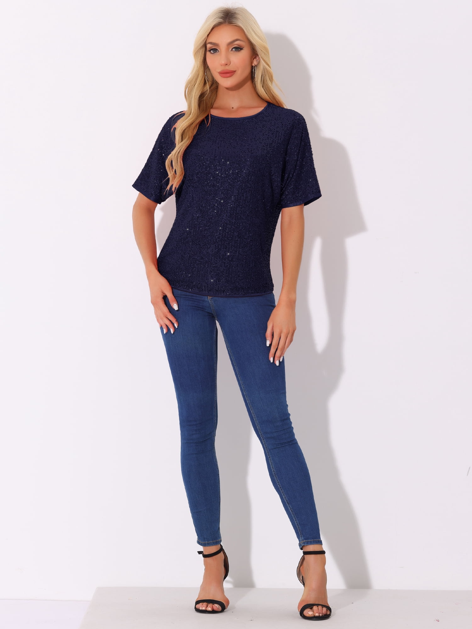 DARING DIVA Women's Costume Sequin Clubwear Blouses T-Shirts XS Navy Blue