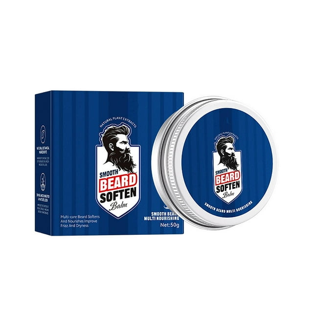 bálsamo hidratante para barba masculina, nutritivo, suavizante, limpiador, brillo y cuidado de barba (50 g) Envase redondo plateado con etiqueta azul y caja azul a rayas; frontal muestra logotipo de perfil masculino barbado y texto 'Beard Soften Balm', marca Mychoice e indicación 50g. Presentado como ayuda para nutrir, suavizar, aportar brillo y facilitar el peinado leve de la barba; también suele usarse para domar bigote en viajes.