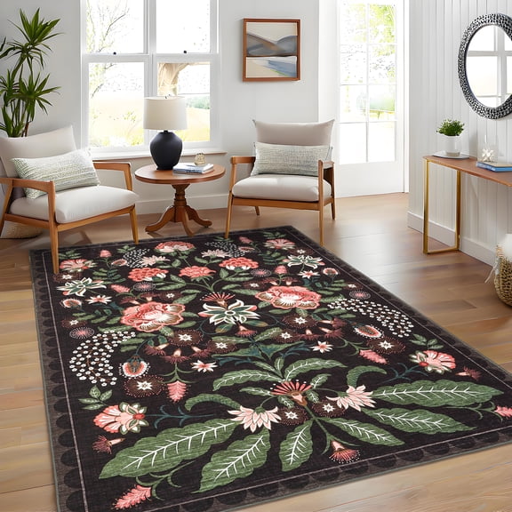 Garvee 5'x7' Modern Retro Floral Area Rug Washable Printed Carpet, Non Slip Low Pile Indoor Rug for Living Room Bedroom Dining Room, Purple Black
