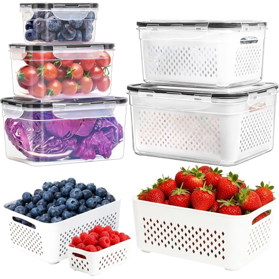 CLIQKWEN 5-Pack Large Fruit Storage Containers for Fridge with Removable Colander, 2 in 1 BPA-Free Produce Organizers to Keep Fruits Vegetables Berries Fresh Longer