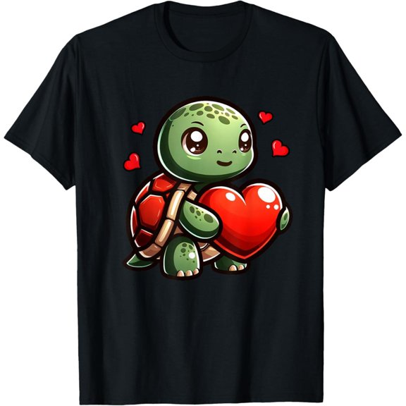 Cute Turtle Lover Casual Heart Design T Shirt Valentines Day Graphic Tees Sweet Tops Animal Lovers Black S-5XL