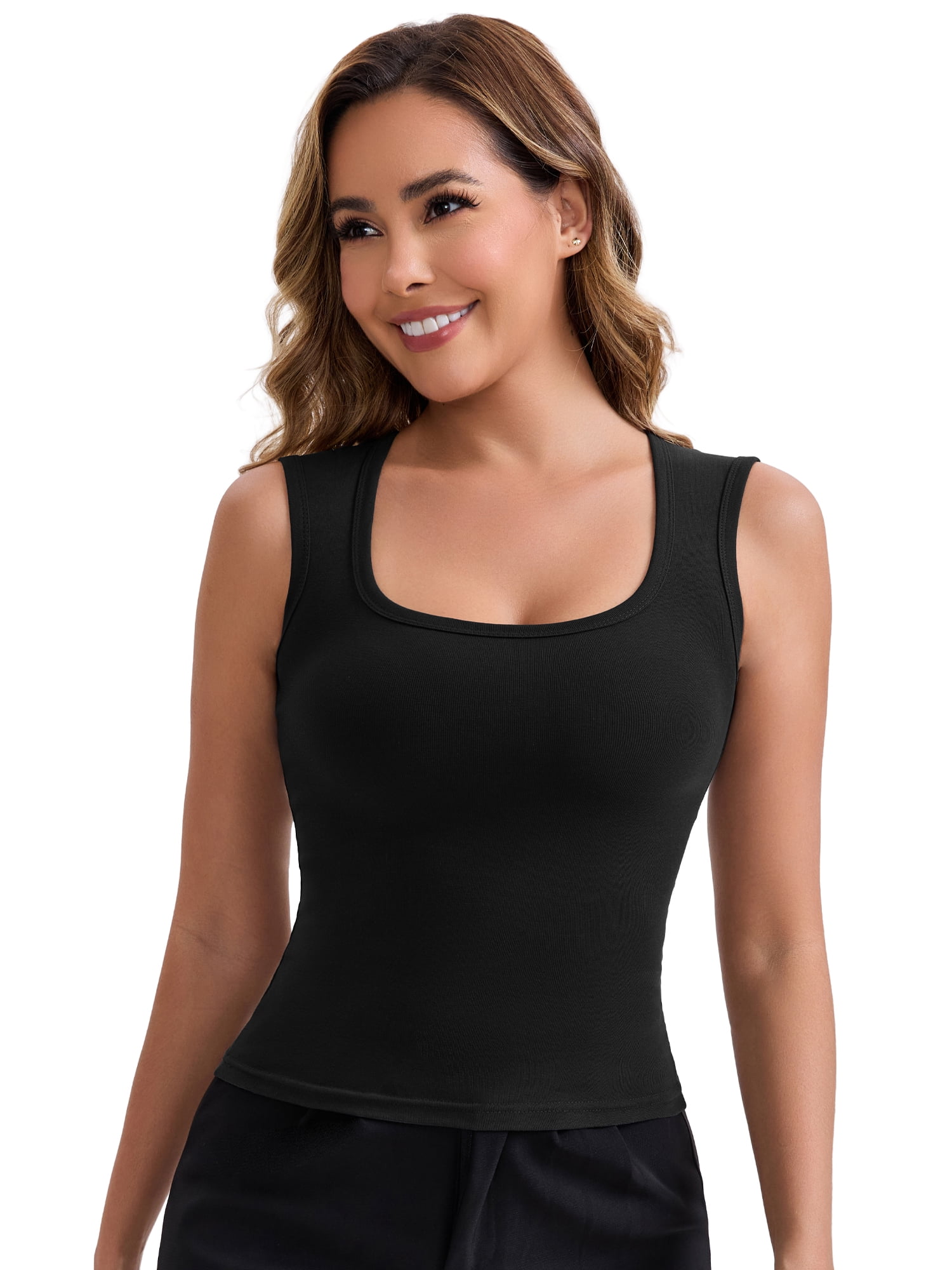DARING DIVA Women's Wide Straps Square Neck Camisole Slimming Undershirt M Black