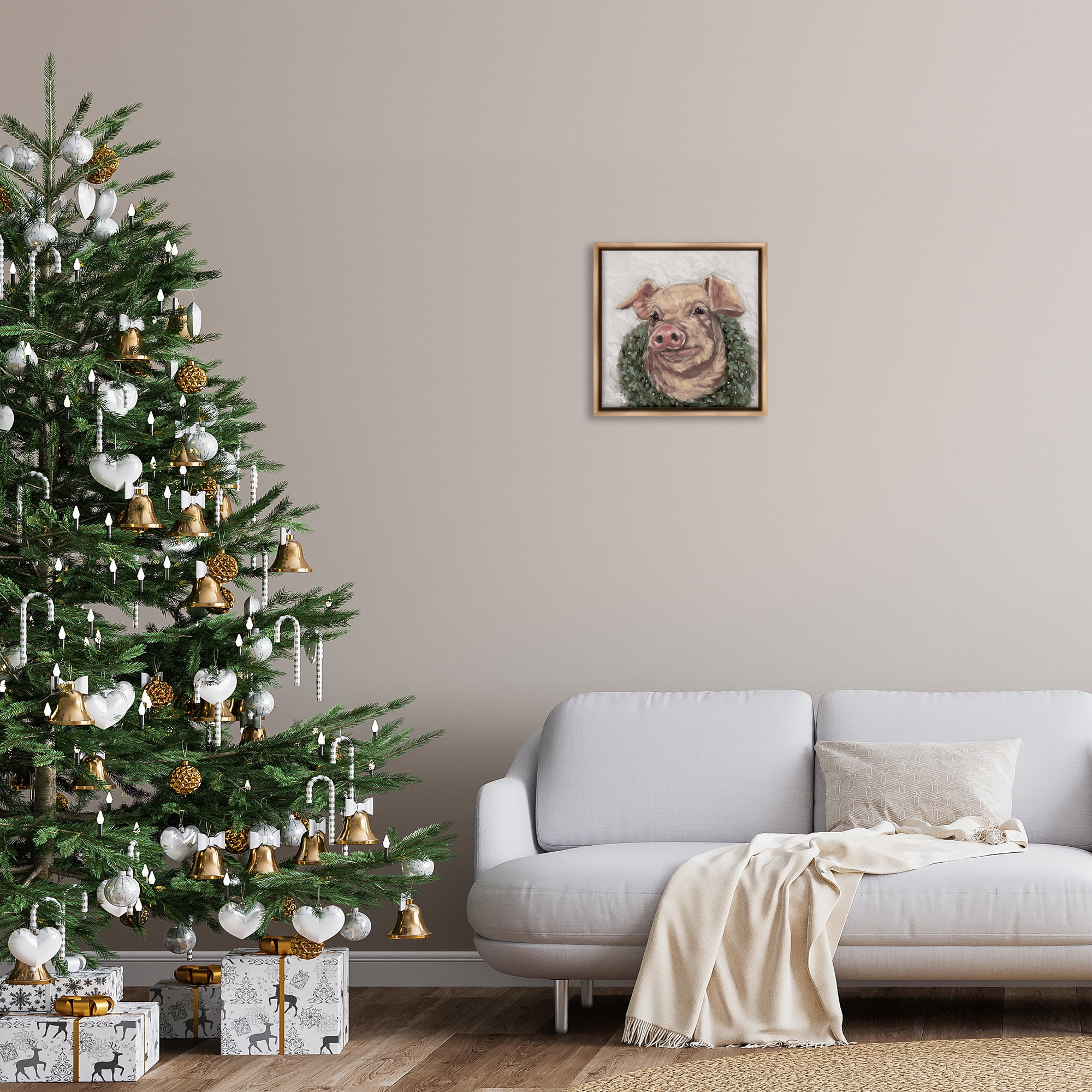 Stupell Industries Pig with Holiday Wreath Holiday Painting Brown Floater Framed Canvas Art Prints Wall Art, 18 x 18