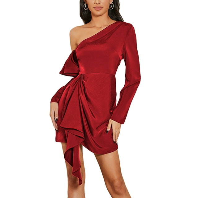 ITFABS Women's Dress, Off One Shoulder Long Sleeve Ruched Bodycon Cocktail Party Dresses