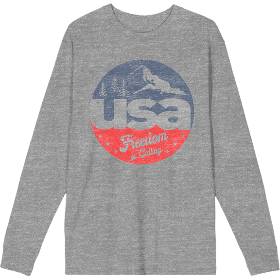 Americana USA Freedom Is Calling Heather Gray Adult Crew Neck Long Sleeve Tee-Medium