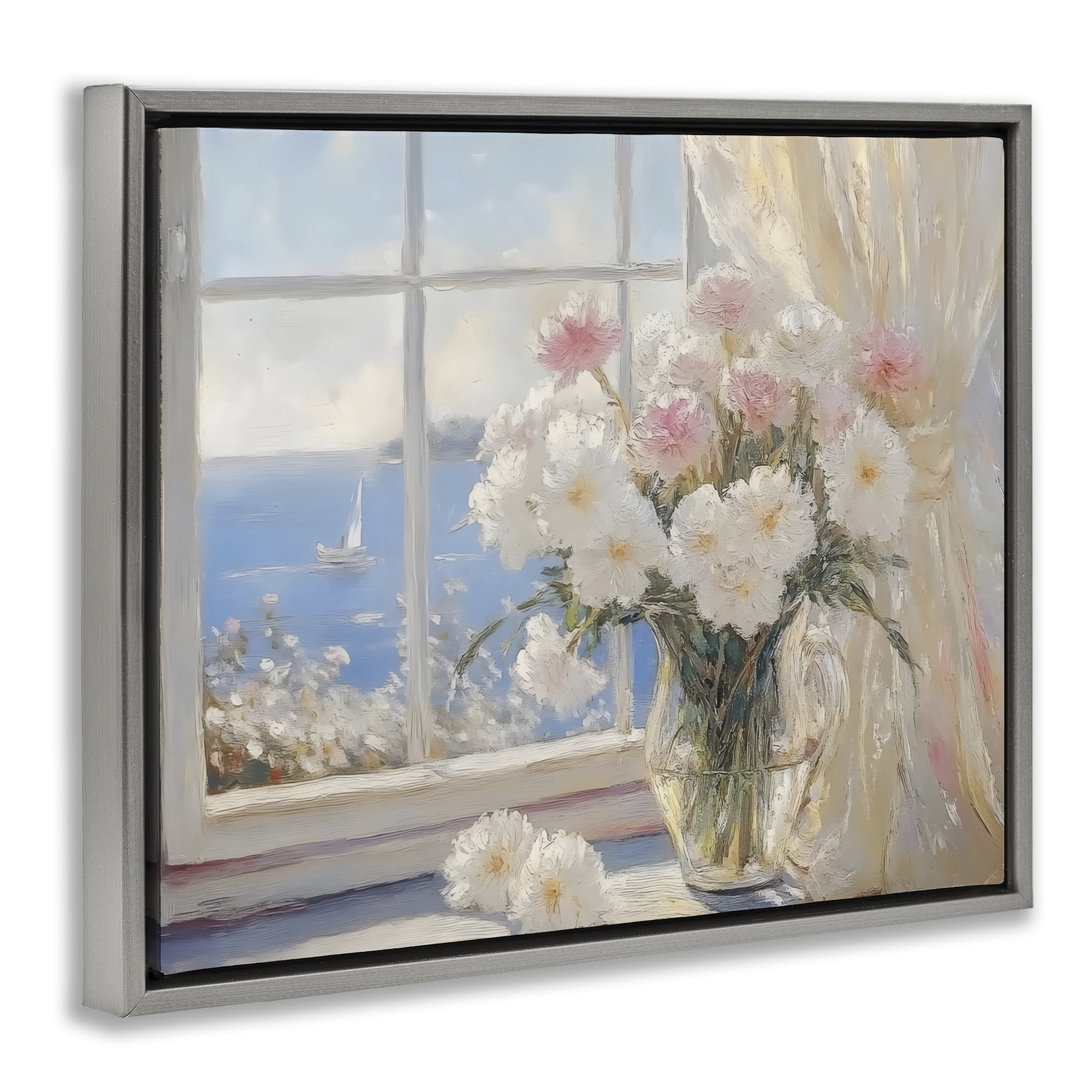 Stupell Industries Coastal View Floral Window Bouquet Gray Framed Floater Canvas Wall Art, design by LSR Design Studio