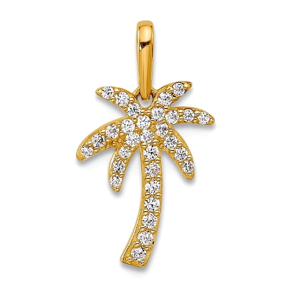 9.7mm 14k Solid Yellow Gold Polished Cubic Zirconia Palm Tree Pendant Necklace Pendant for Women