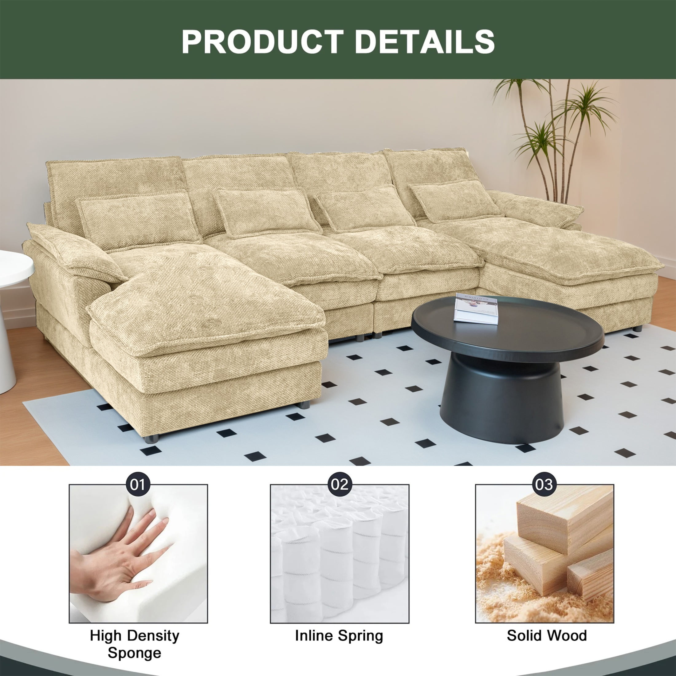 SOULART 110" Cloud Sofa,Khaki U shaped Sectional couches for living room, modular couch with Chaise