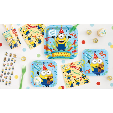 Balloons Tablecover & Cutlery with Bonus 1pc Minion Action Mini Figure Cups Despicable Me 3 Complete Birthday Party Pack for 8 Includes 9 Dinner Plates Lunch Napkins