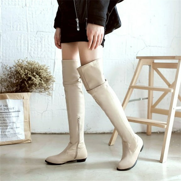 Babysbule Women's Boot Fashion Women's Boots Long Boots Knight Boots Round Head High Belt Buckle Flat Boots