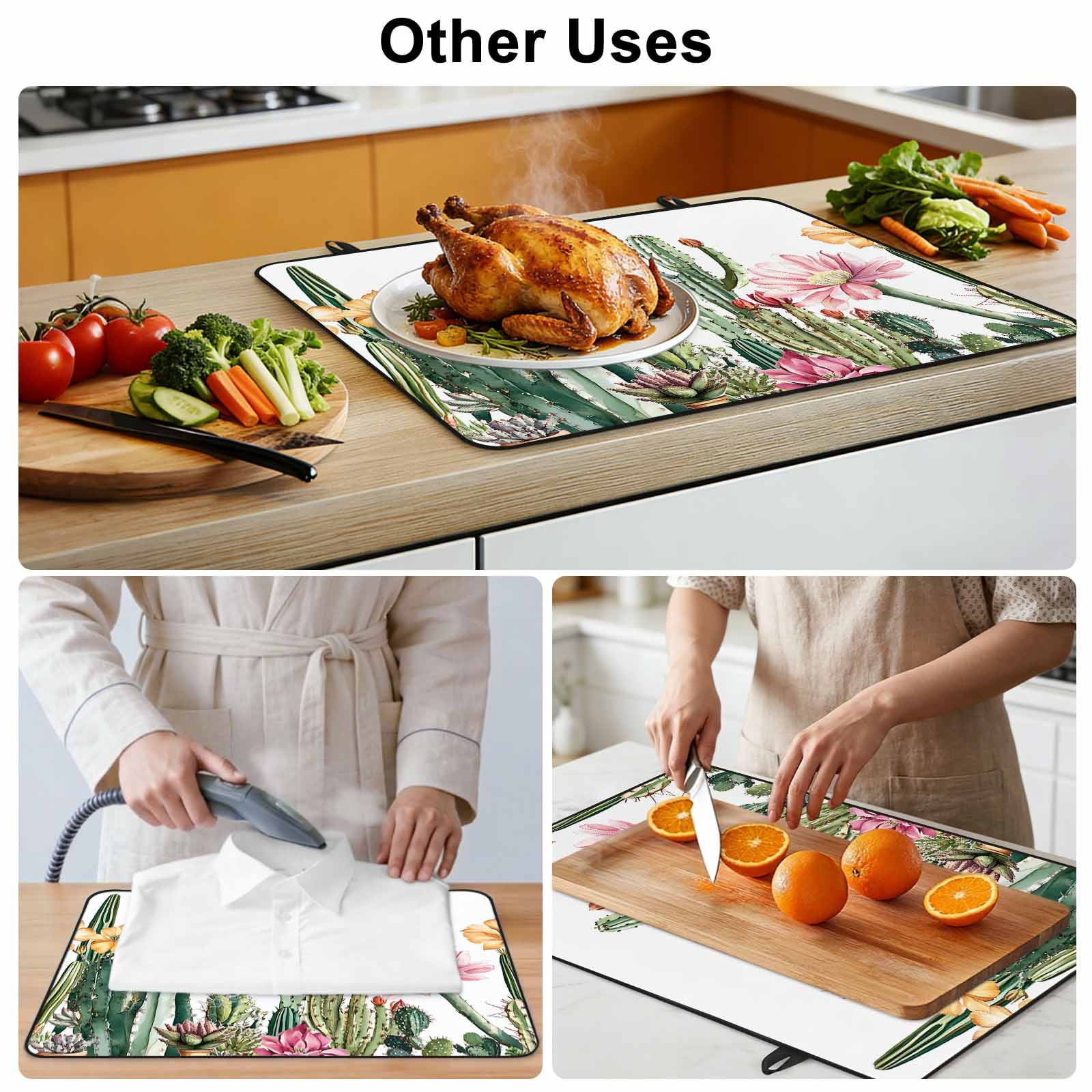 Green Cactus Stove Top Cover for Electric Stove, Heat-proof & Non Slip Glass Top Stove Cover Protector, Spring Floral Watercolor Botanical Kitchen Flat Cooktop Rubber Mat 24x21 Inches