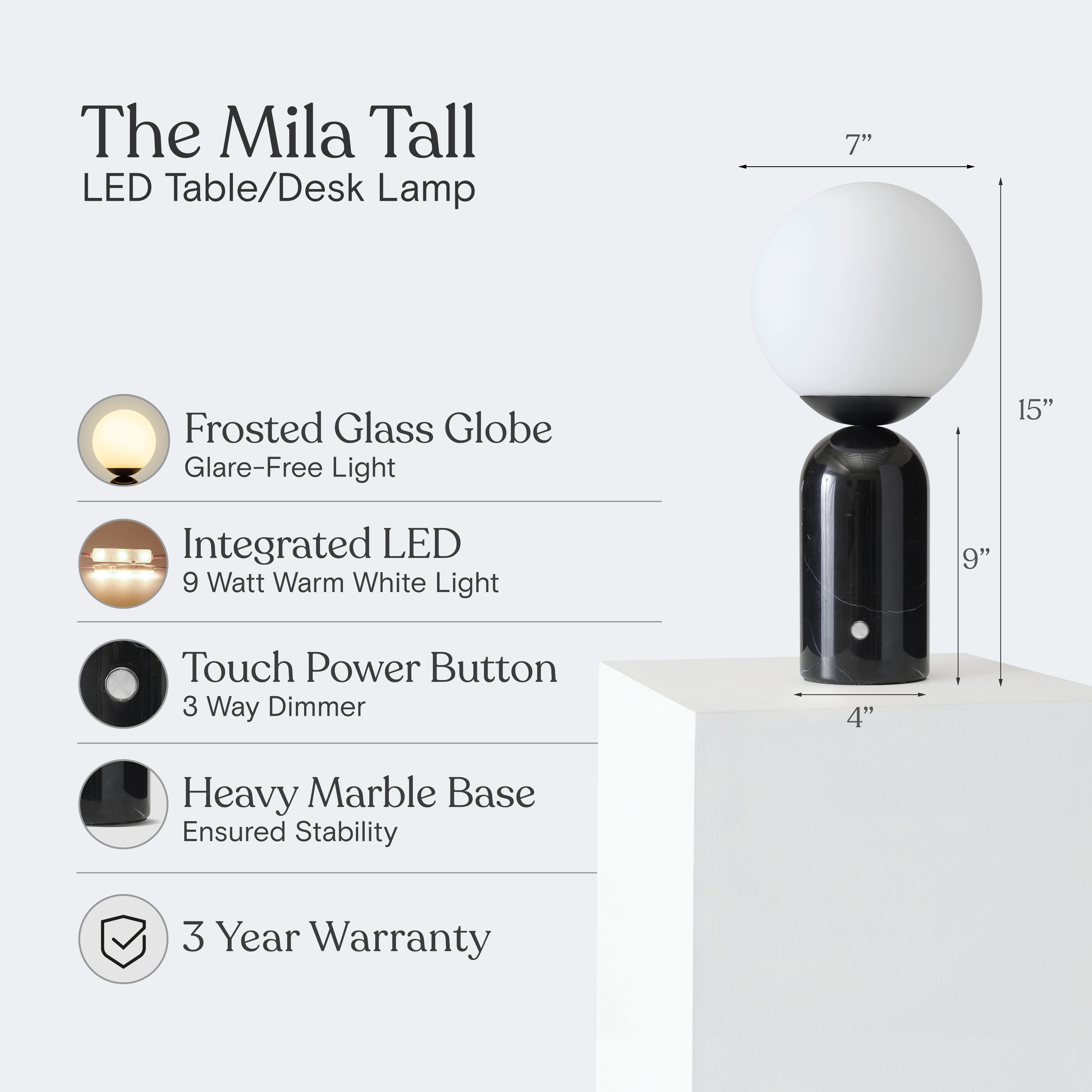 Brightech Mila Tall LED Table Lamp - Bedside Reading Light with Elegant Marble Base, Globe Lamp Shade - Modern Desk and Nightstand Lamp with Ambient Lighting for Bedroom, Living Room, Office - Black