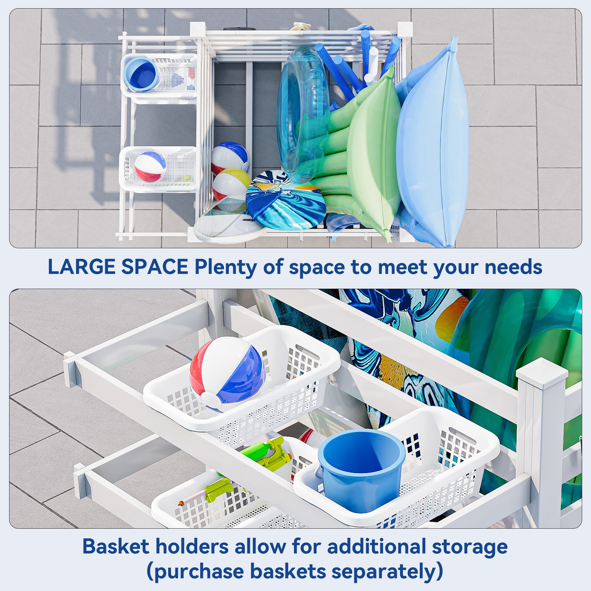 Uforic Pool Storage Bin White 64"x46"x38" Resin Deck Box with 6 Movable Hooks for Poolside Towels Goggles and Accessories