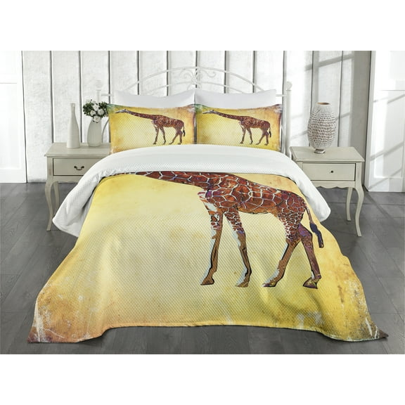 Ambesonne Giraffe Quilted Bedspread Set 3 Pcs, Vintage Scenic, King Size, Multicolor