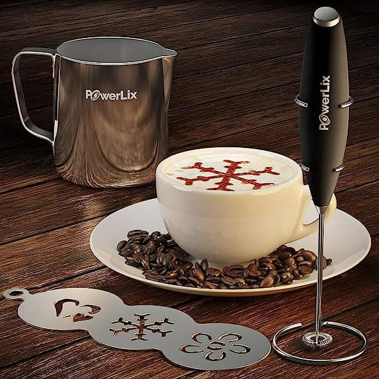 Zulay Kitchen Premium Gift Milk Frother Complete Set - Handheld Foam Maker, Stencils & Frothing Pitcher Set - Whisk Drink Mixer for Coffee - Mini