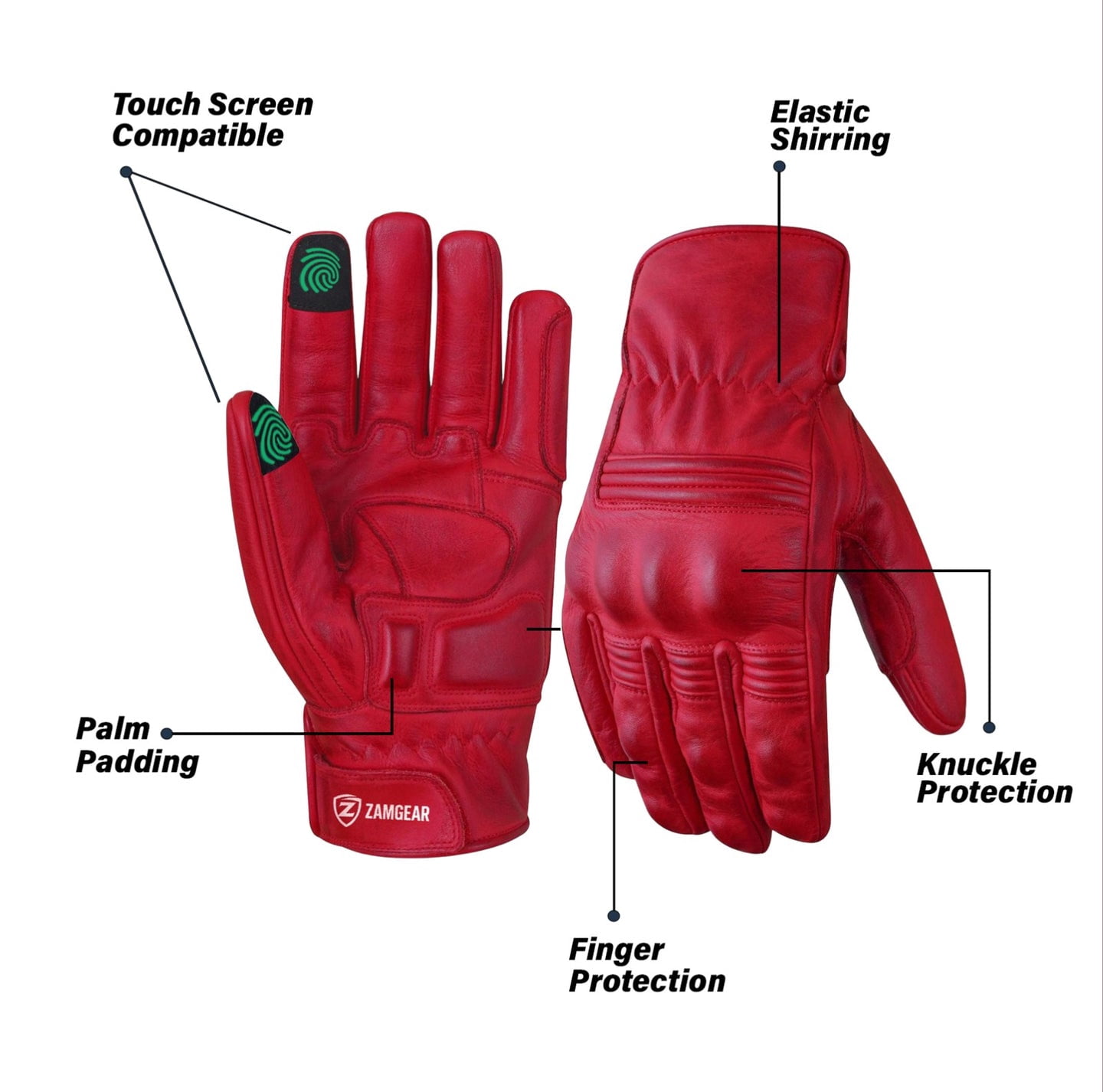 Motorcycle Leather Gloves With Reinforced Knuckles, Full Finger, Touchscreen Finger Tips, Red ZAMGEAR