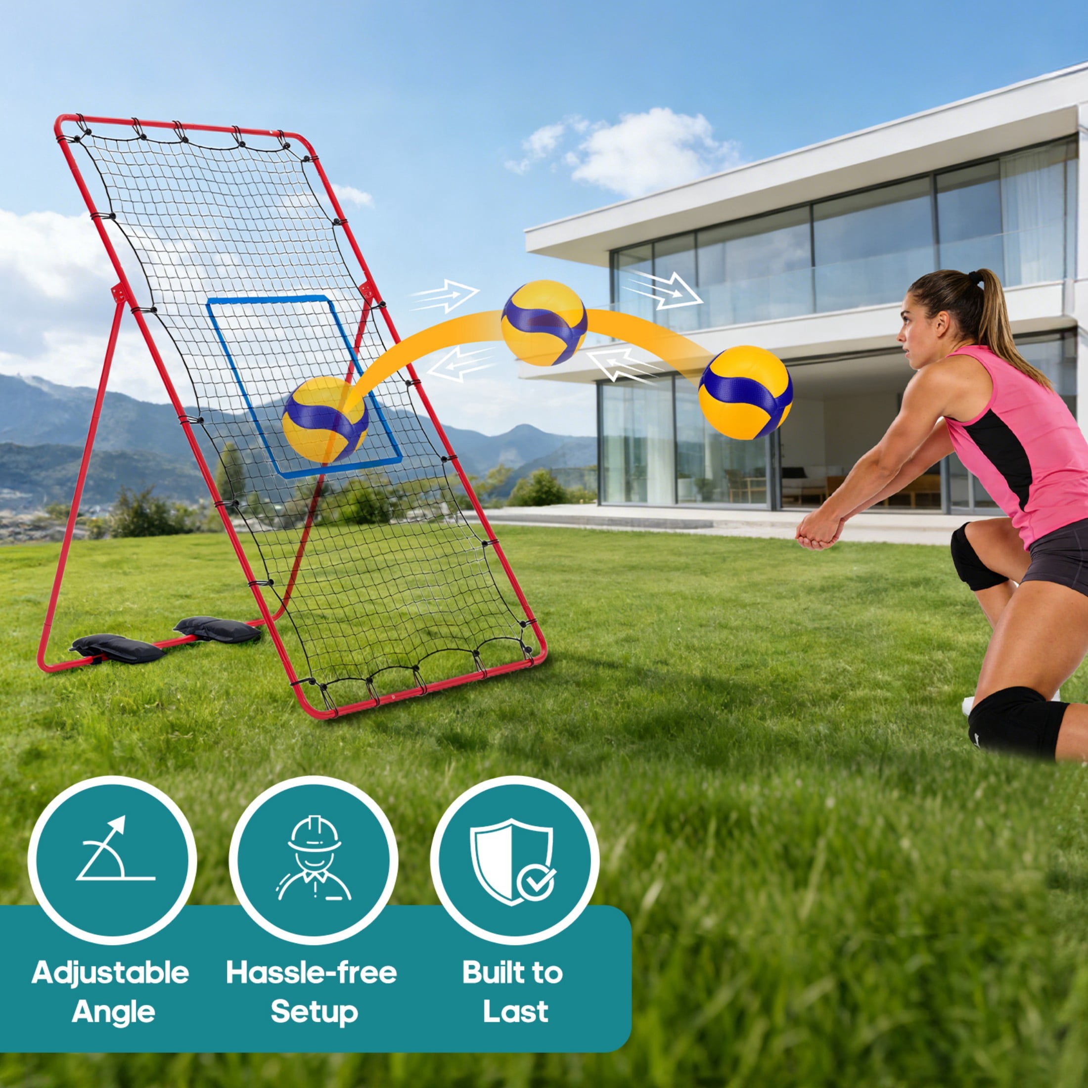 SHOUFTW 7x4 ft Volleyball Rebounder Net-Multi-Sport Training Bounce Back Net with Carry Bag, 5 Angle Adjustments for Indoor & Outdoor Practice, Red